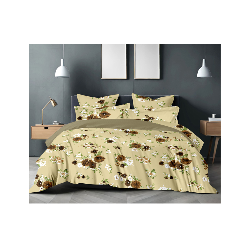 King Size Bedsheet with Two Pillow Covers | 100% Cotton | 180 TC | Relax |Dark Beige With Brown Colour Floral Design