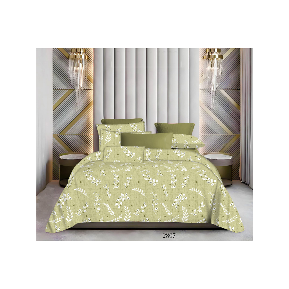 King Size Bedsheet with Two Pillow Covers | 100% Cotton | 180 TC | Relax | Pista Green with White Leaf Design