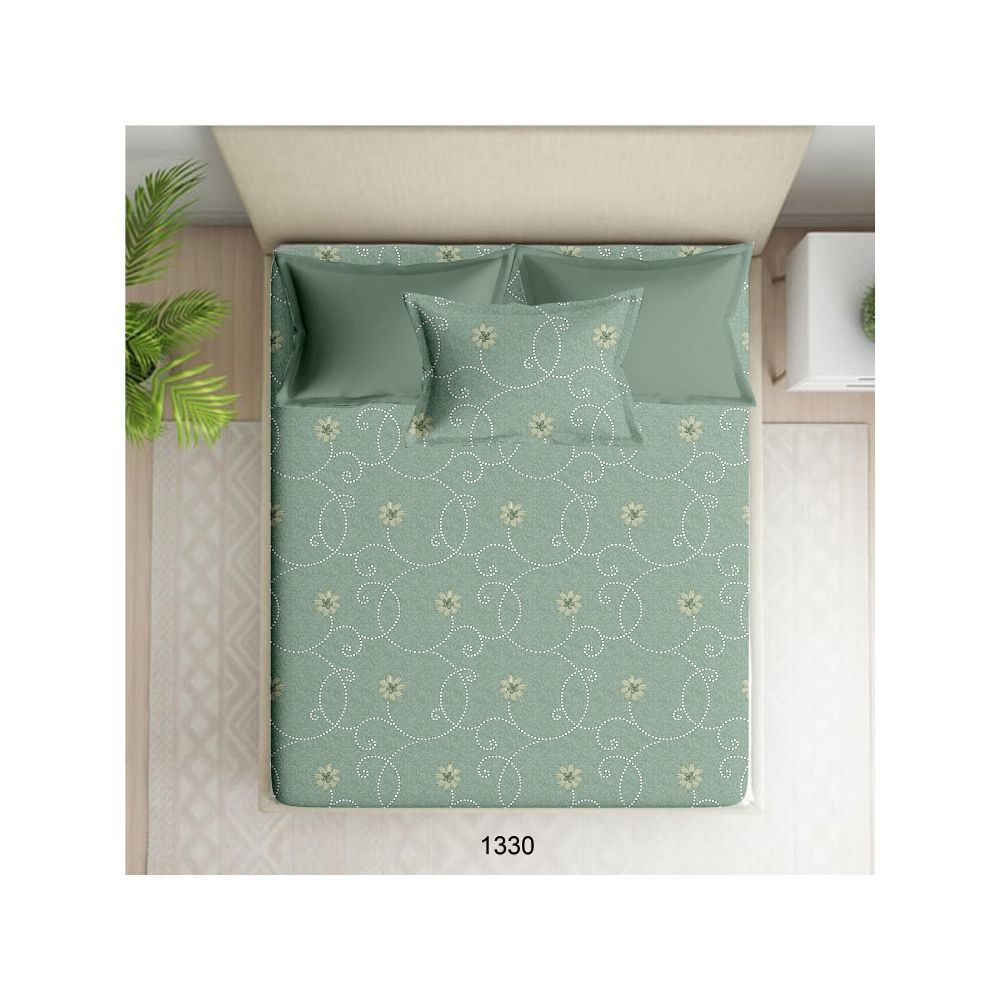 100% Cotton Single Bedsheet | Floral Design | Light Green Colour Floral Print | Polo P427 | 1 Pillow Cover