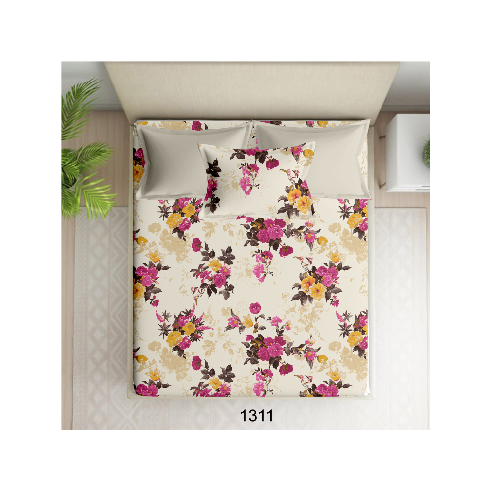 100% Cotton Single Bedsheet | Floral Design | Beige colour Bedsheet with Pink Floral Print | Polo P432 | 1 Pillow Cover