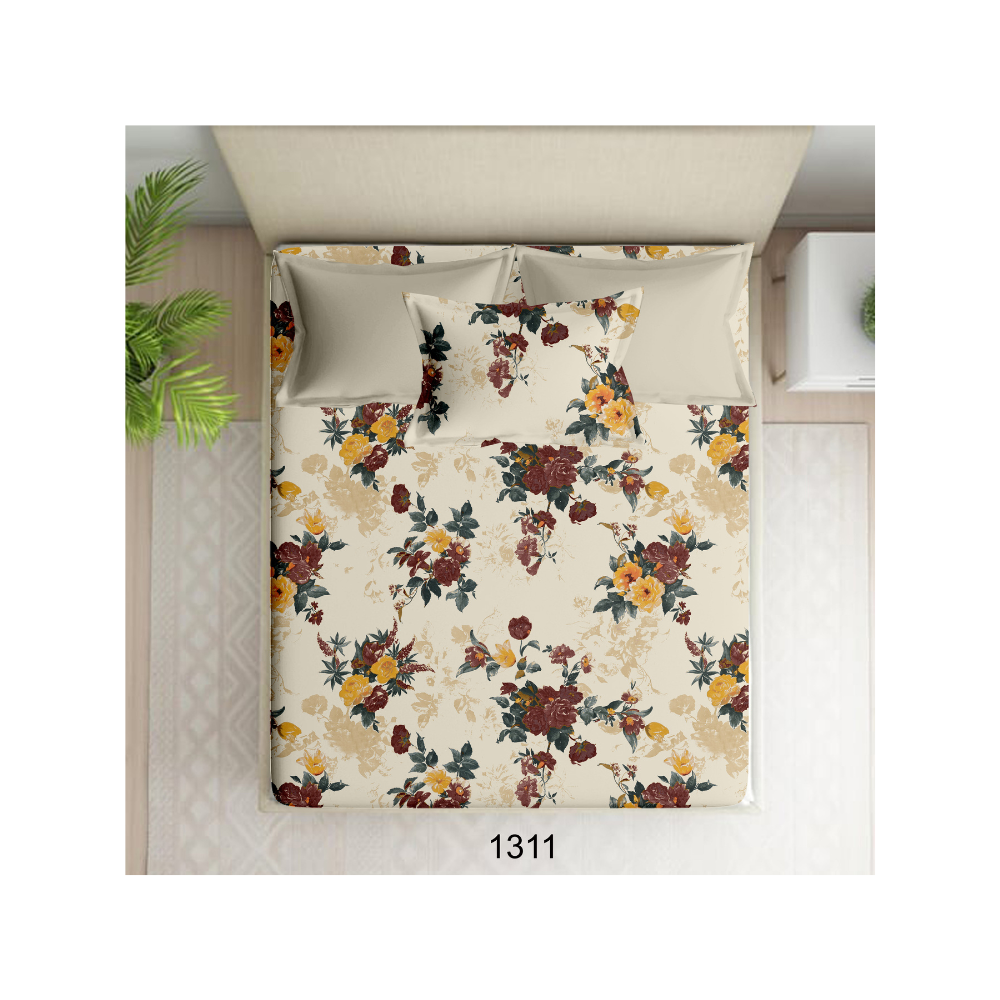 100% Cotton Single Bedsheet | Floral Design | Beige colour Bedsheet with Brown Floral Print | Polo P435 | 1 Pillow Cover