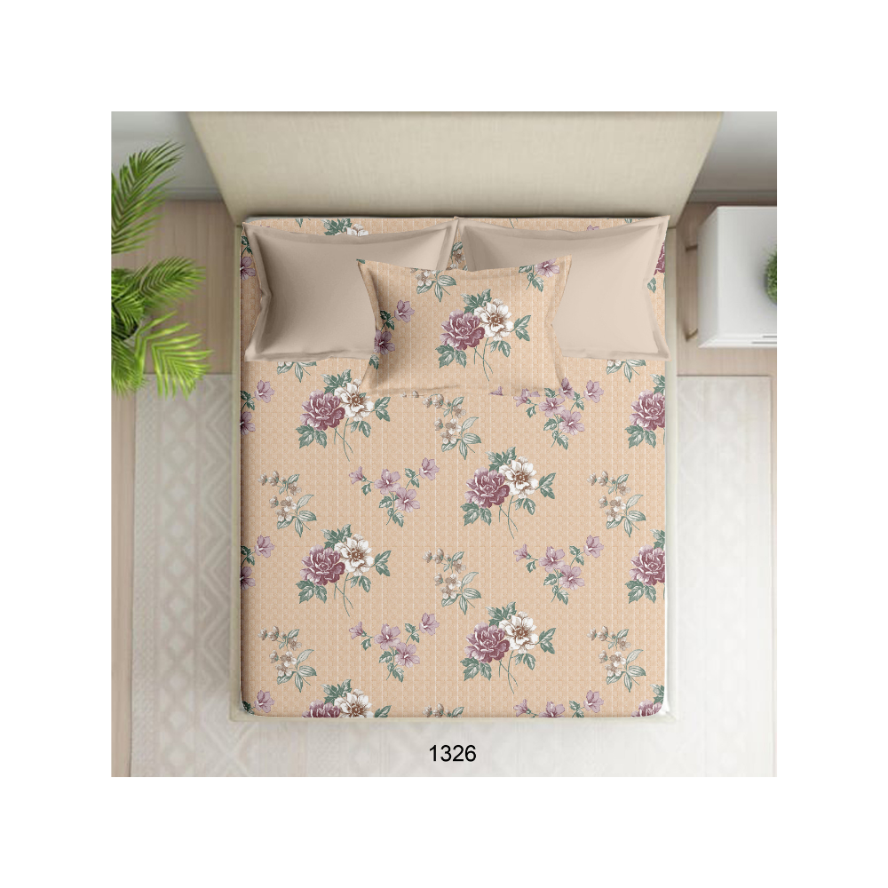 100% Cotton Single Bedsheet | Floral Design |Light Brown Colour Floral Print| Polo P437 (One Pillow Cover)