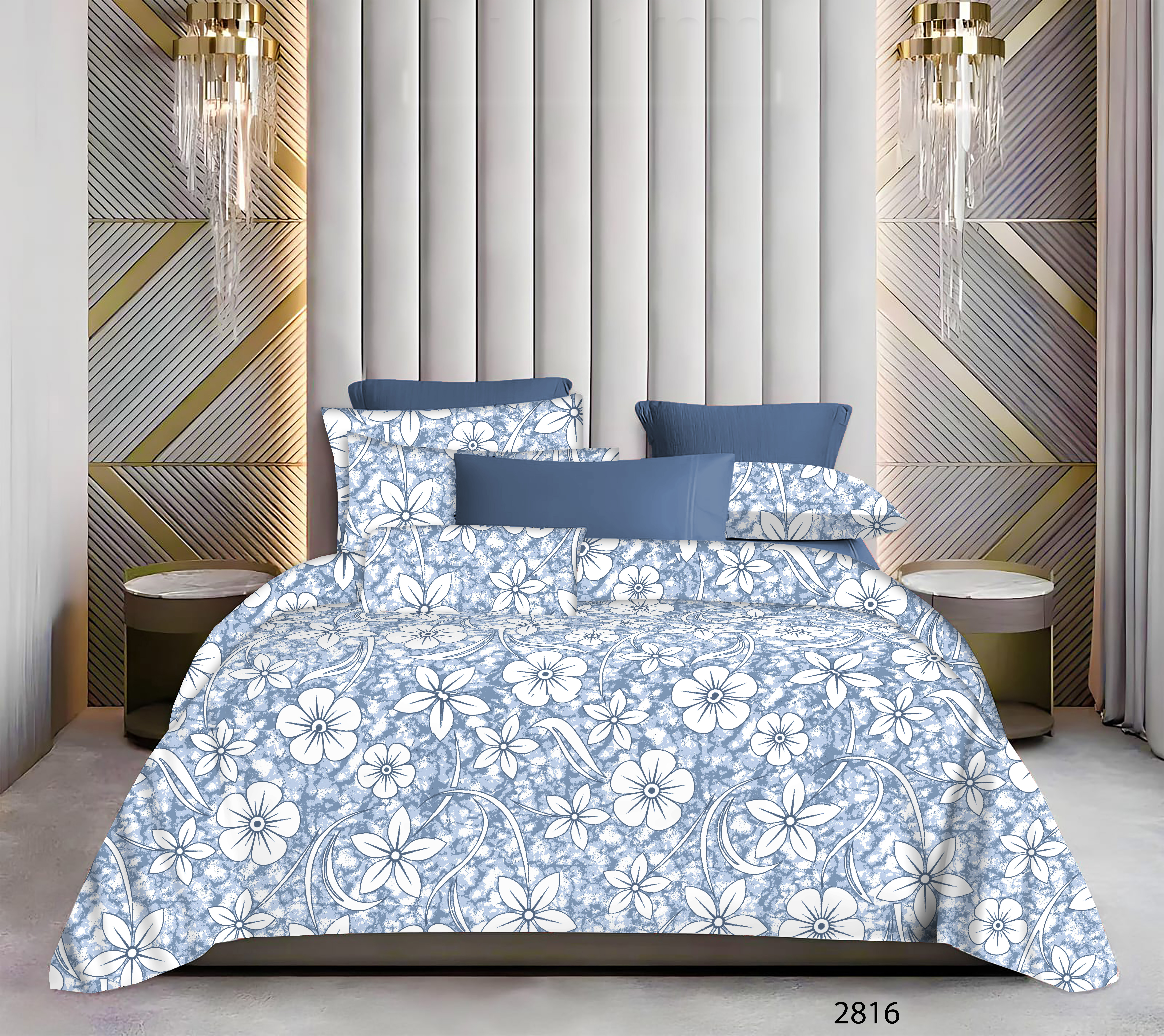 King Size Bedsheet with Two Pillow Covers | 100% Cotton | 180 TC | Sky Blue with White Floral Design | Relax 2816