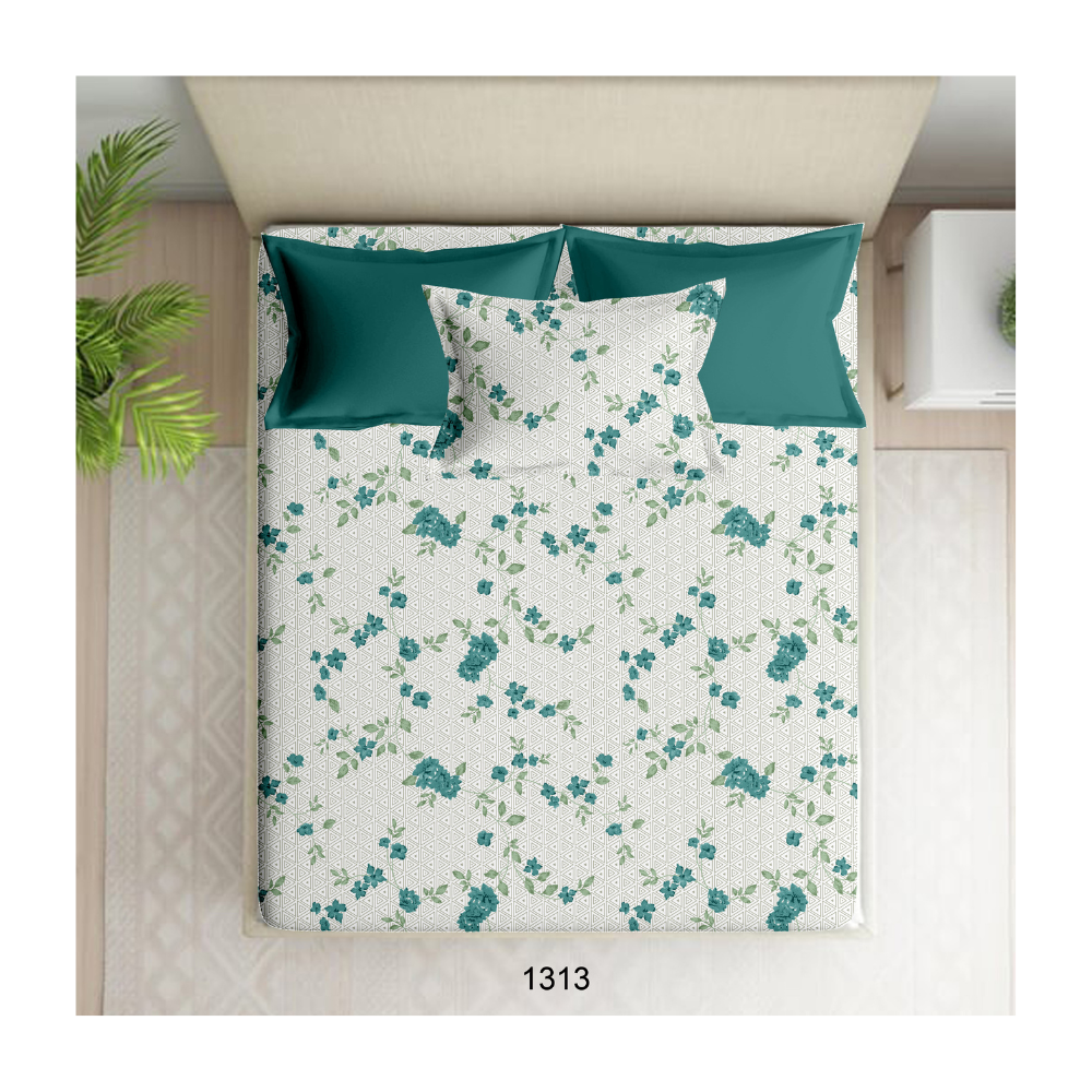 100% Cotton Single Bedsheet | Floral Design |White with green Colour Floral Print| Dual D1313 (Two Pillow Cover)