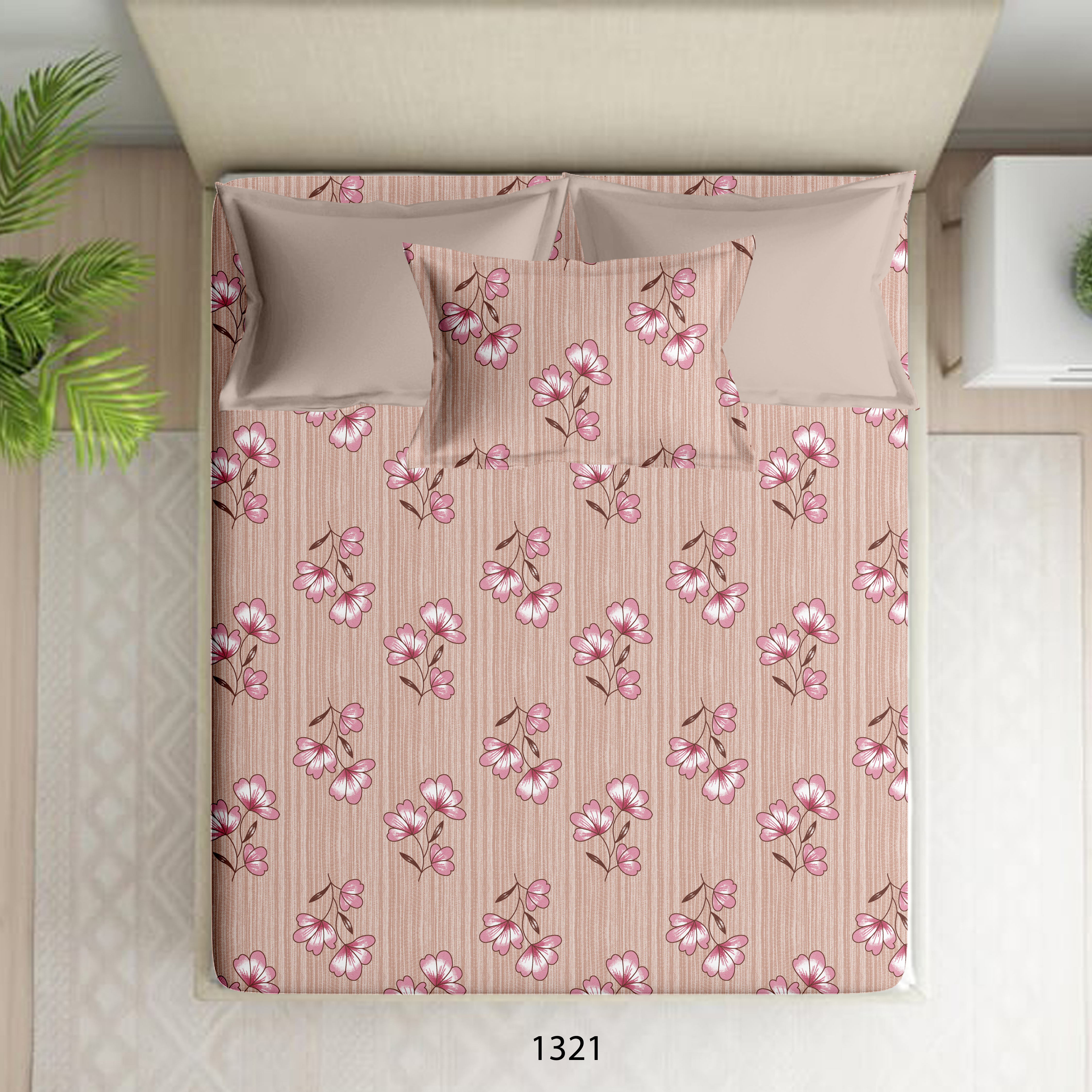 100% Cotton Single Bedsheet | Floral Design |  Light Brown Colour Floral Print| Dual D1321 (Two Pillow Cover)