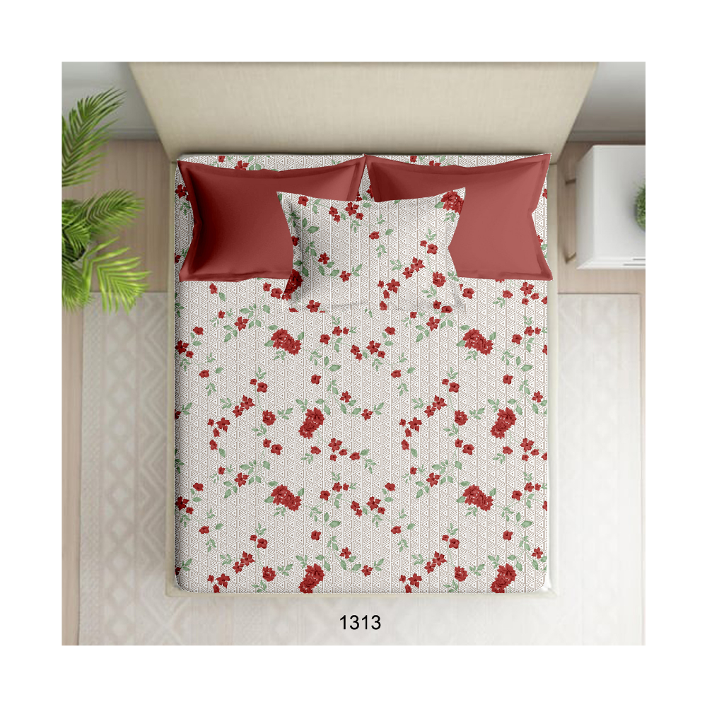 100% Cotton Single Bedsheet | Floral Design |White with Red Colour Floral Print| Dual D441 (Two Pillow Cover)