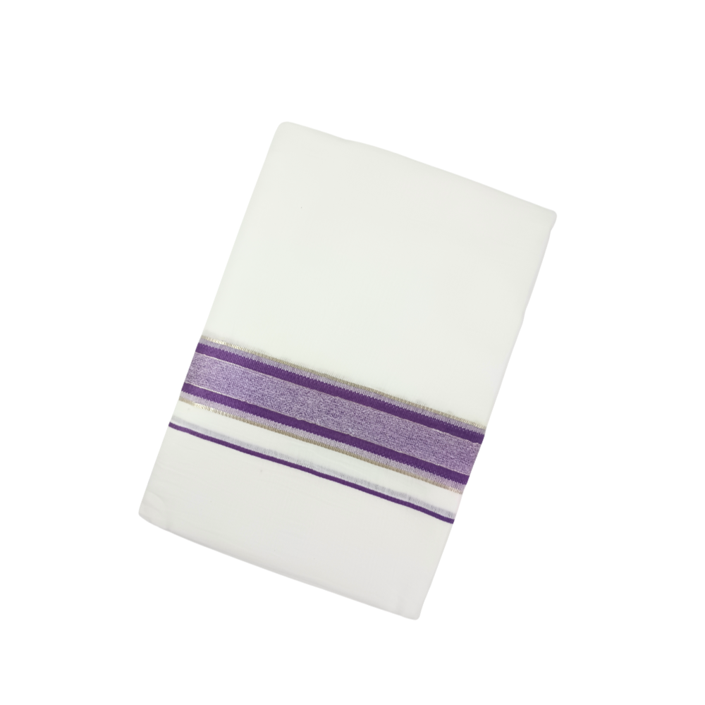 100% Cotton White Double Dhoti with Violet Border | Samrat Plus Premium Traditional Men's Dhoti | SP04