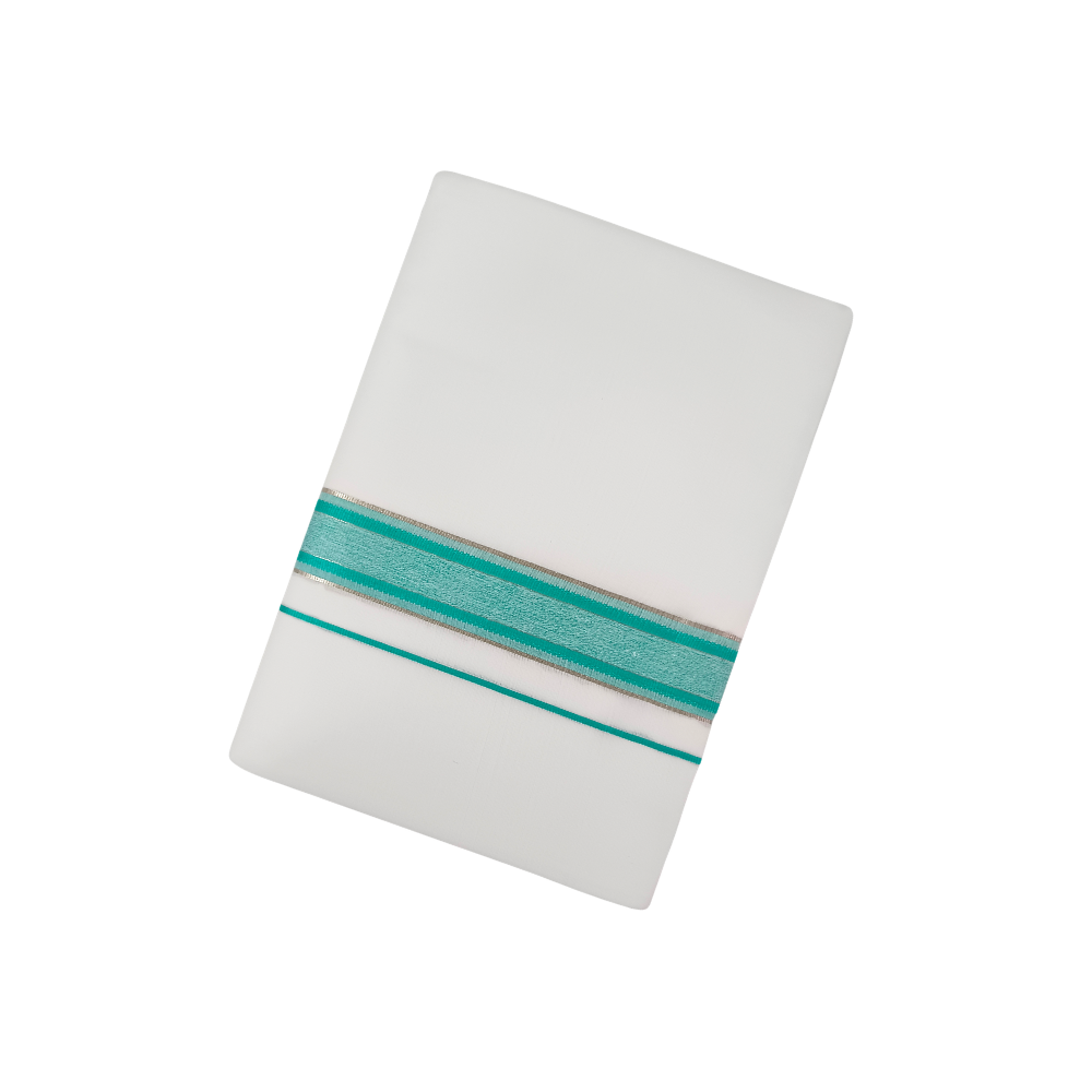 100% Cotton White Double Dhoti with Aqua Green  Border | Samrat Plus Premium Traditional Men's Dhoti | SP05