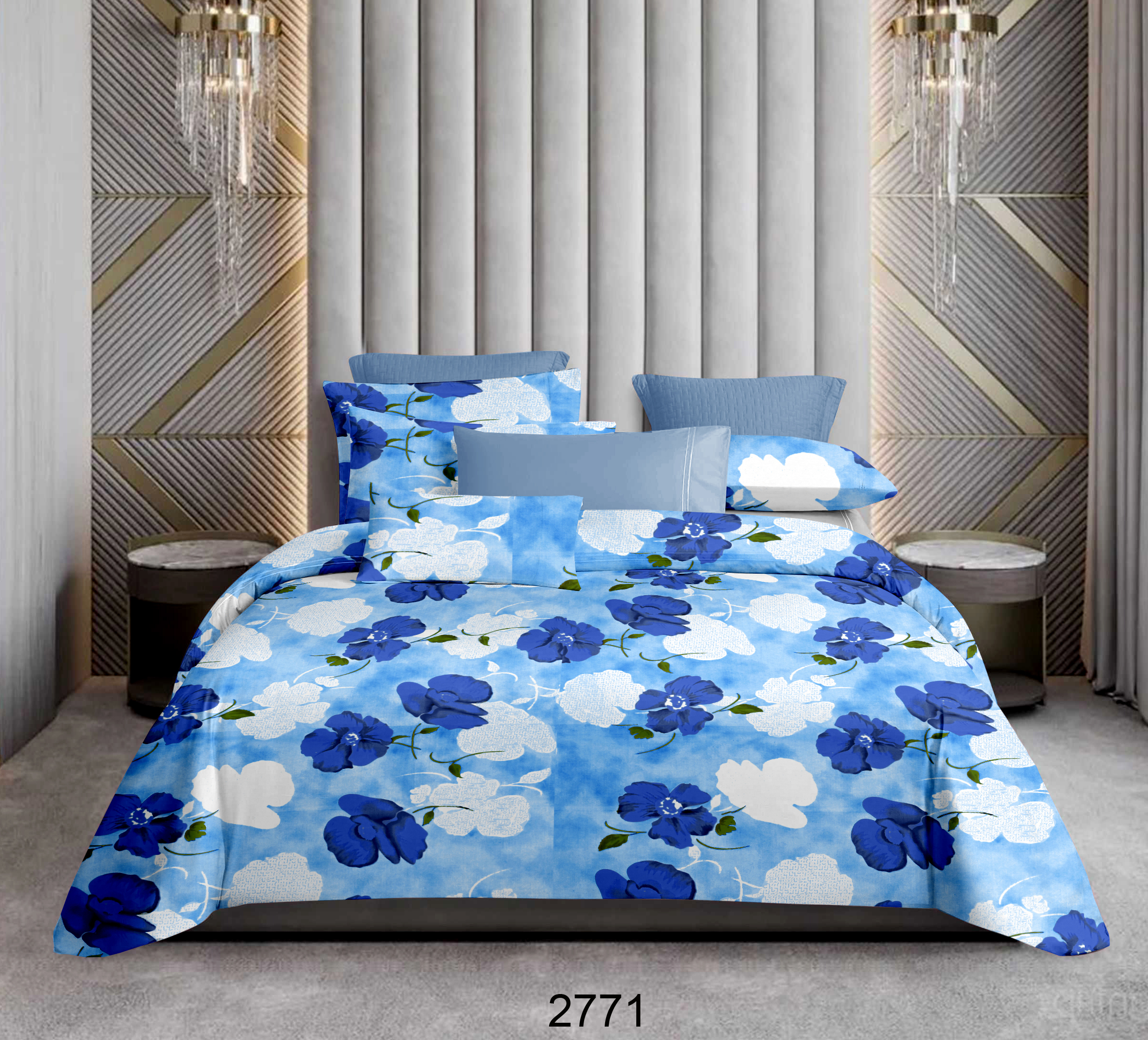King Size Bedsheet with Two Pillow Covers | 100% Cotton | 160 TC | Blue Floral Design | Relax 2771