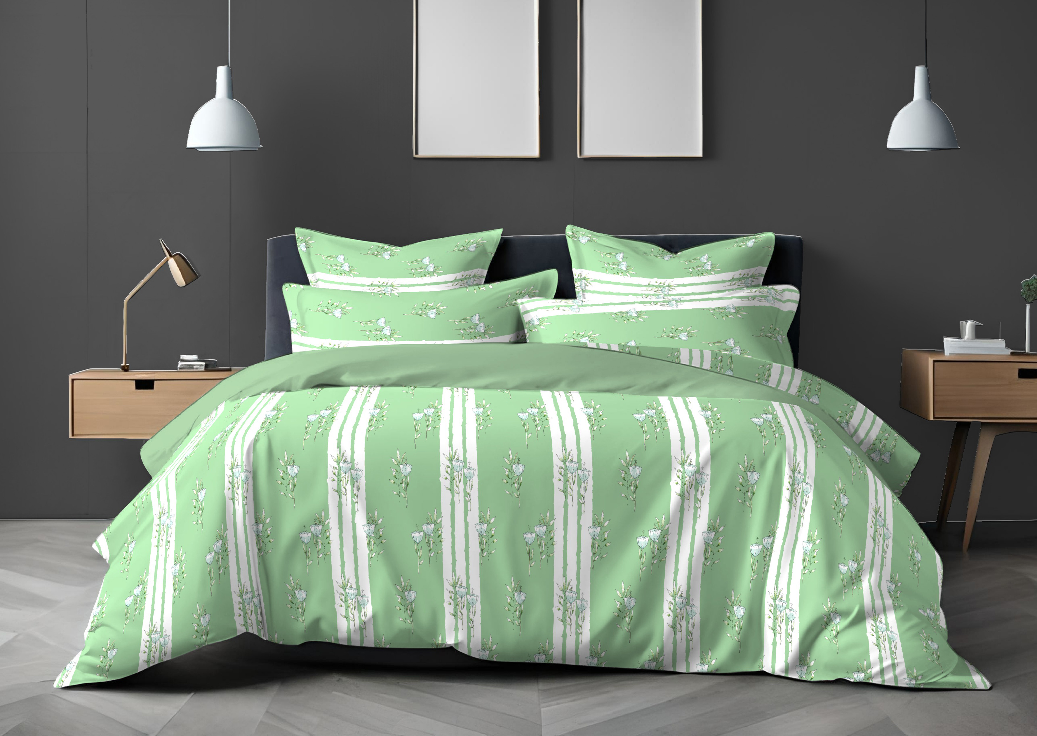 King Size Bedsheet with Two Pillow Covers | 100% Cotton | 180 TC | Green Floral Stripe Design | Sweet Dreams 4138