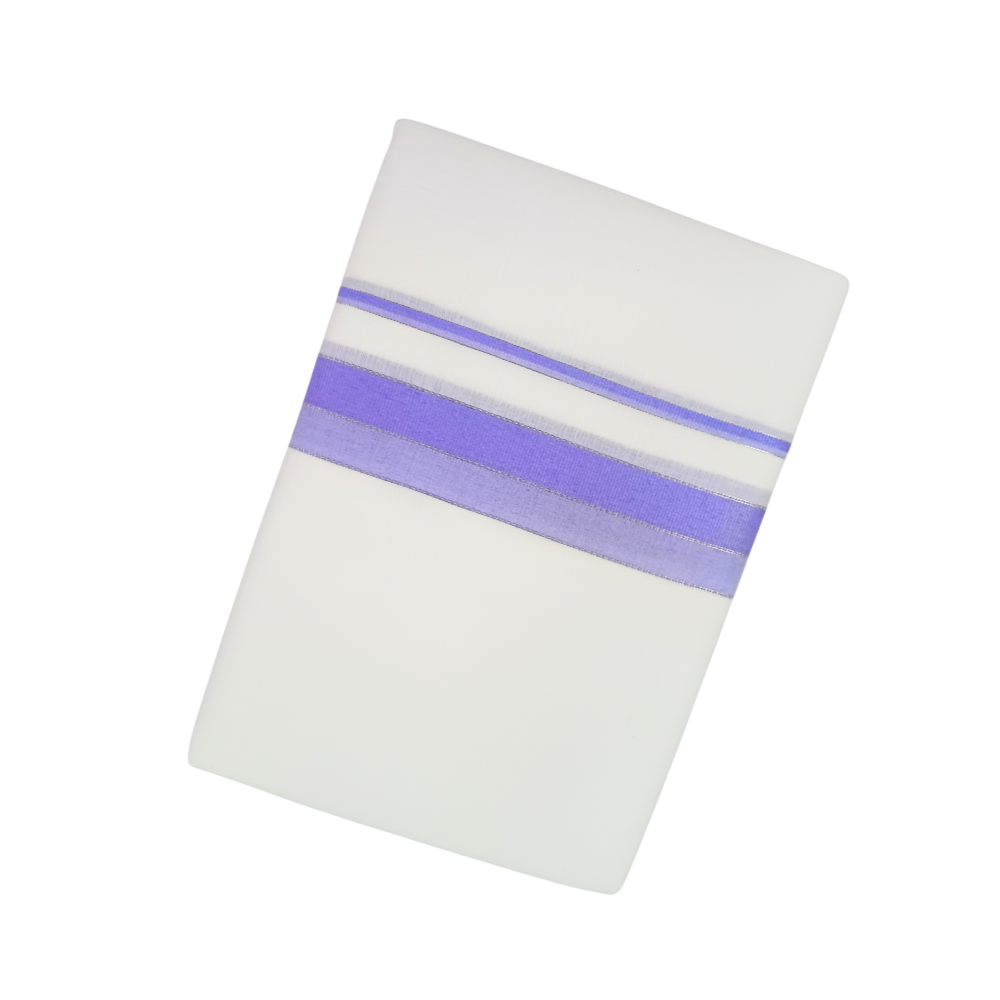100% Cotton White Double Dhoti with Dark & Light Violet Border | Samrat Plus Premium Traditional Men's Dhoti | SP024