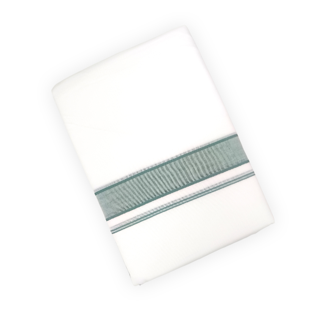 100% Cotton Men's White Double Dhoti | Dusty Teal Colour Border | Samrat Plus Light | Traditional Wear
