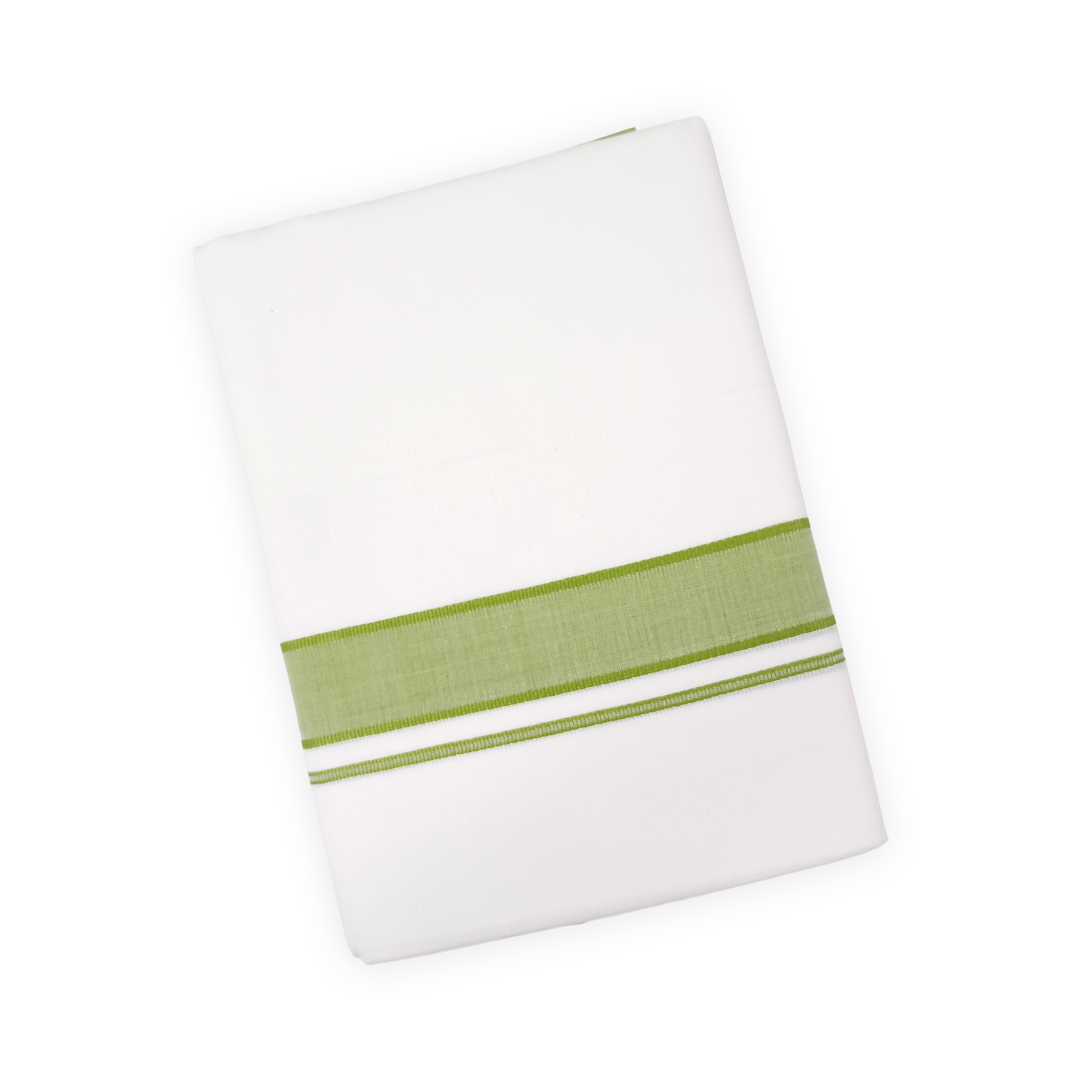 100% Cotton Men's White Double Dhoti | Light Green Colour Border | Samrat Plus Light | Traditional Wear