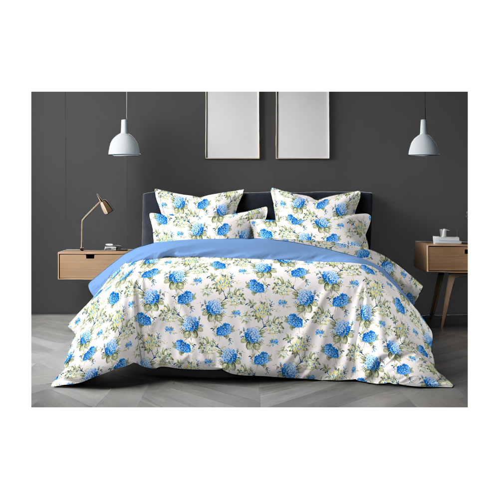 King Size Bedsheet with Two Pillow Covers | 100% Cotton | 180 TC | Blue Floral Design | Sweet Dreams 497