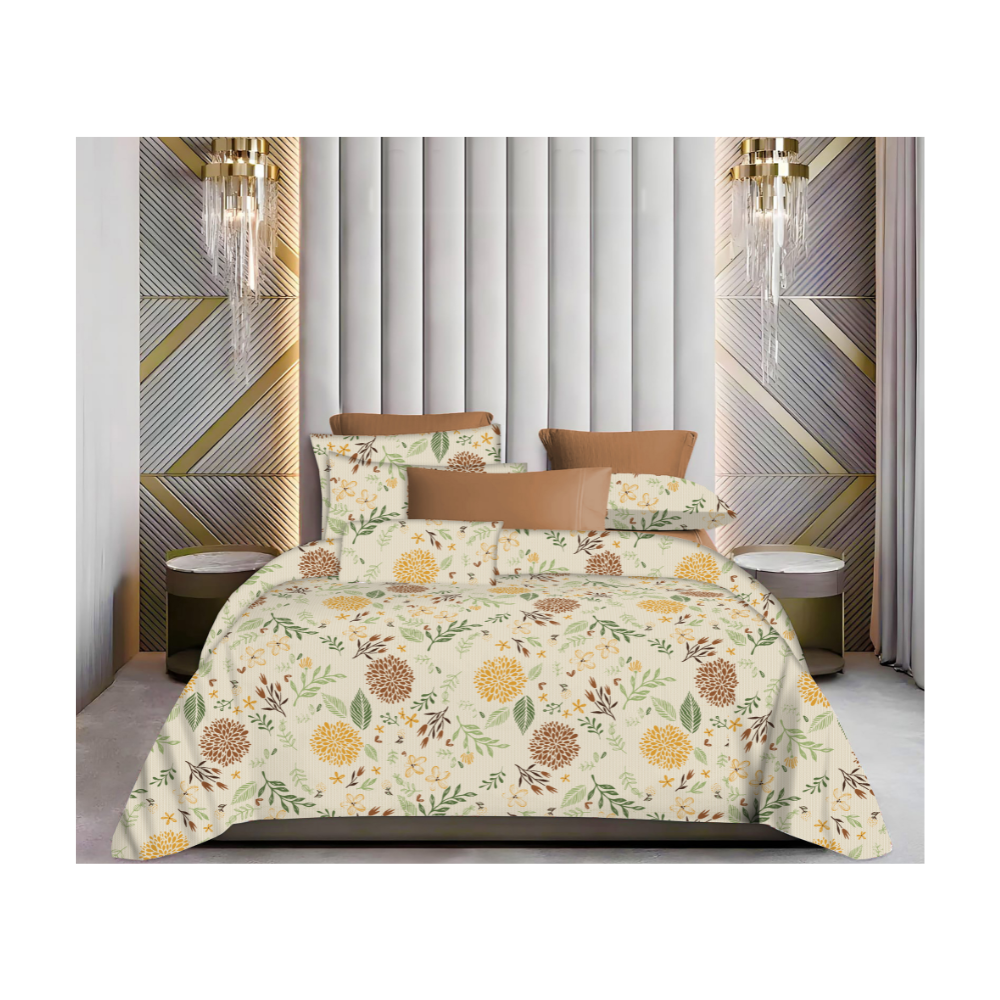 King Size Bedsheet with Two Pillow Covers | 100% Cotton | 160 TC |Light Brown with Yellow, Brown Floral Design | Relax 2812