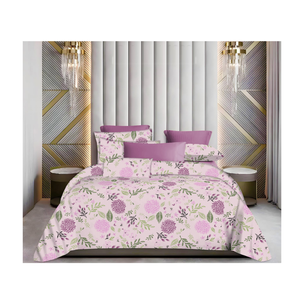 King Size Bedsheet with Two Pillow Covers | 100% Cotton | 160 TC |Light Lavender with Dark Lavender colour floral Design | Relax 2813
