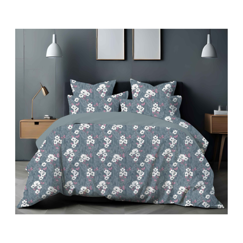 Super King Size Bedsheet with Two Pillow Covers | 100% Cotton | 180 TC | White Floral Design |Grey Colour | Soft Dreams 110 | SF465 B 05