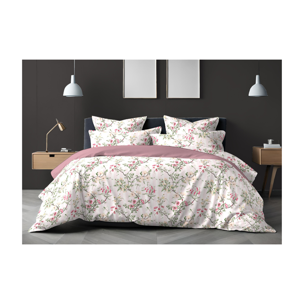 King Size Bedsheet with 2 Pillow Covers | 100% Cotton | 160 TC | White with Pink Floral Design | Relax 4136