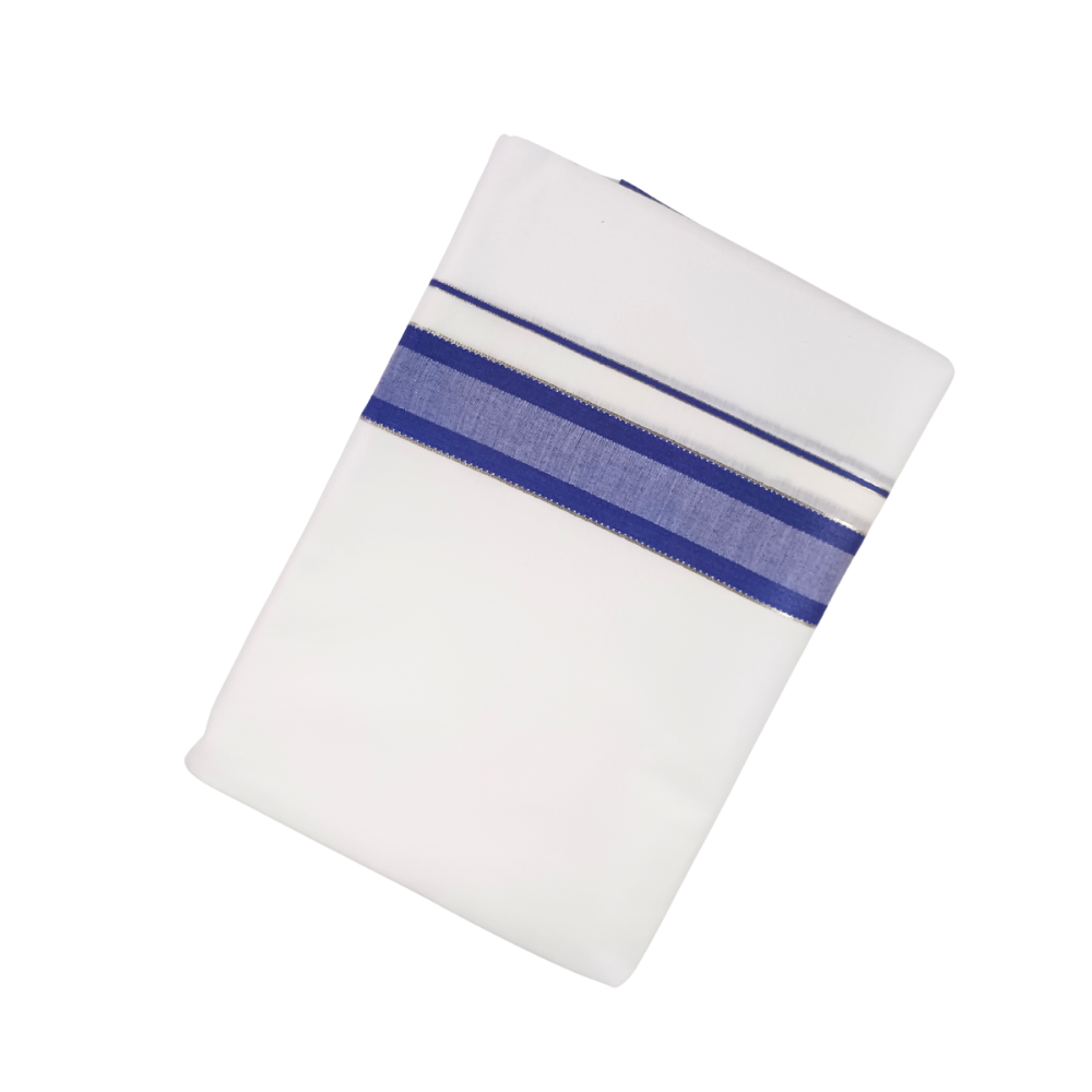 100% Cotton White Double Dhoti with Navy Bue Border | Samrat Plus Premium Traditional Men's Dhoti | SP026