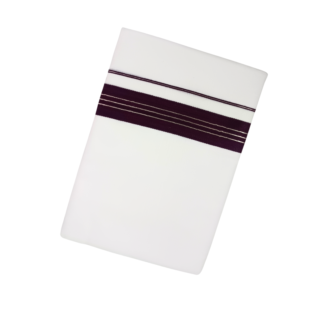100% Cotton White Double Dhoti with Grape Wine Colour Border | Samrat Plus Premium Traditional Men's Dhoti | SP030
