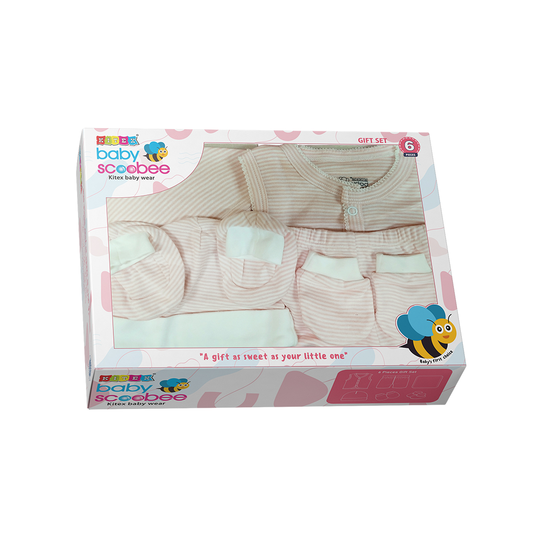 Baby Gift Set Box | 6 Pc Pack | 3–6 Months | 100% Cotton Baby Clothing Set | Towel, Jabala Set, Mittens, Booties & Cap