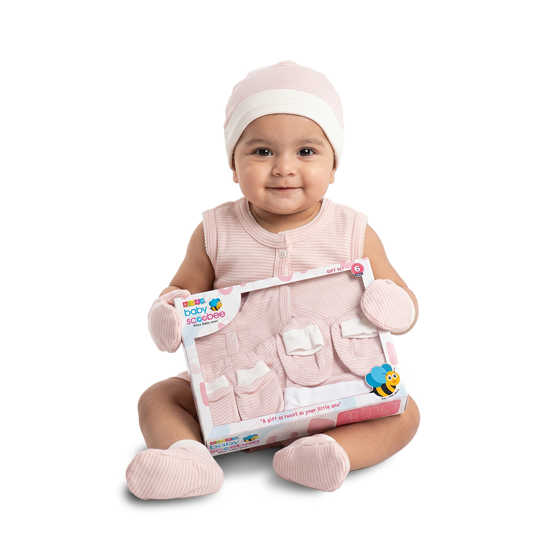 Baby Gift Set Box | 6 Pc Pack | 3–6 Months | 100% Cotton Baby Clothing Set | Towel, Jabala Set, Mittens, Booties & Cap