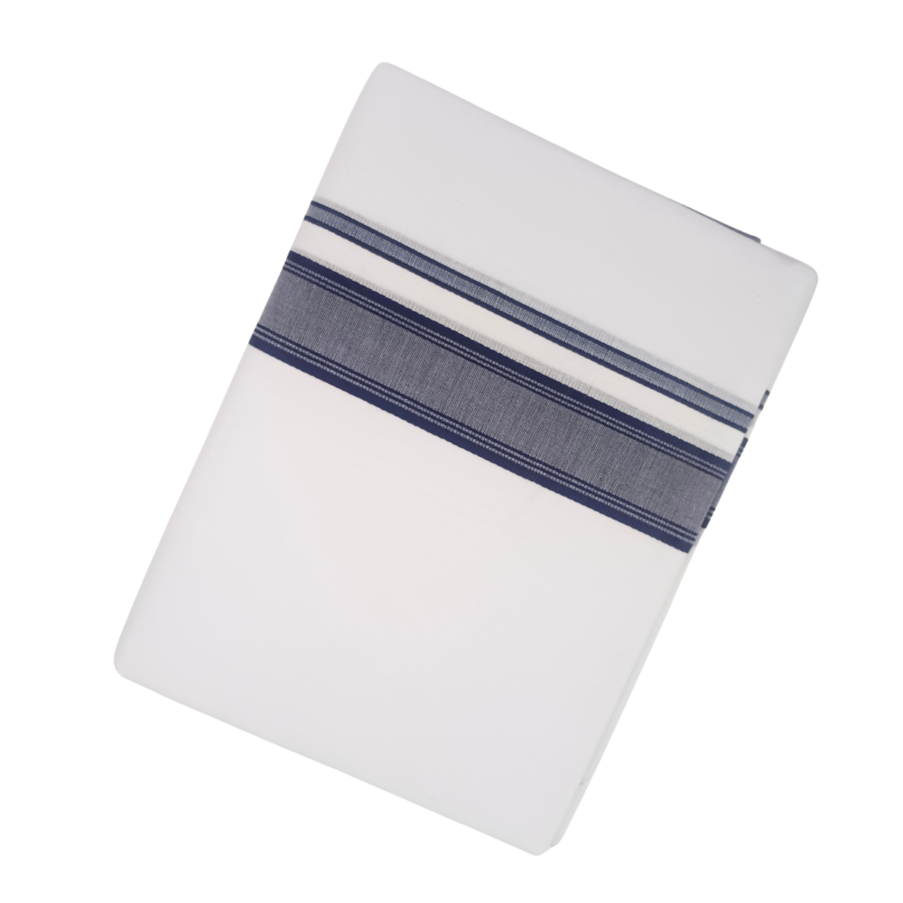100% Cotton Men's White Double Dhoti with Navy Blue Border | Samrat Plus Light