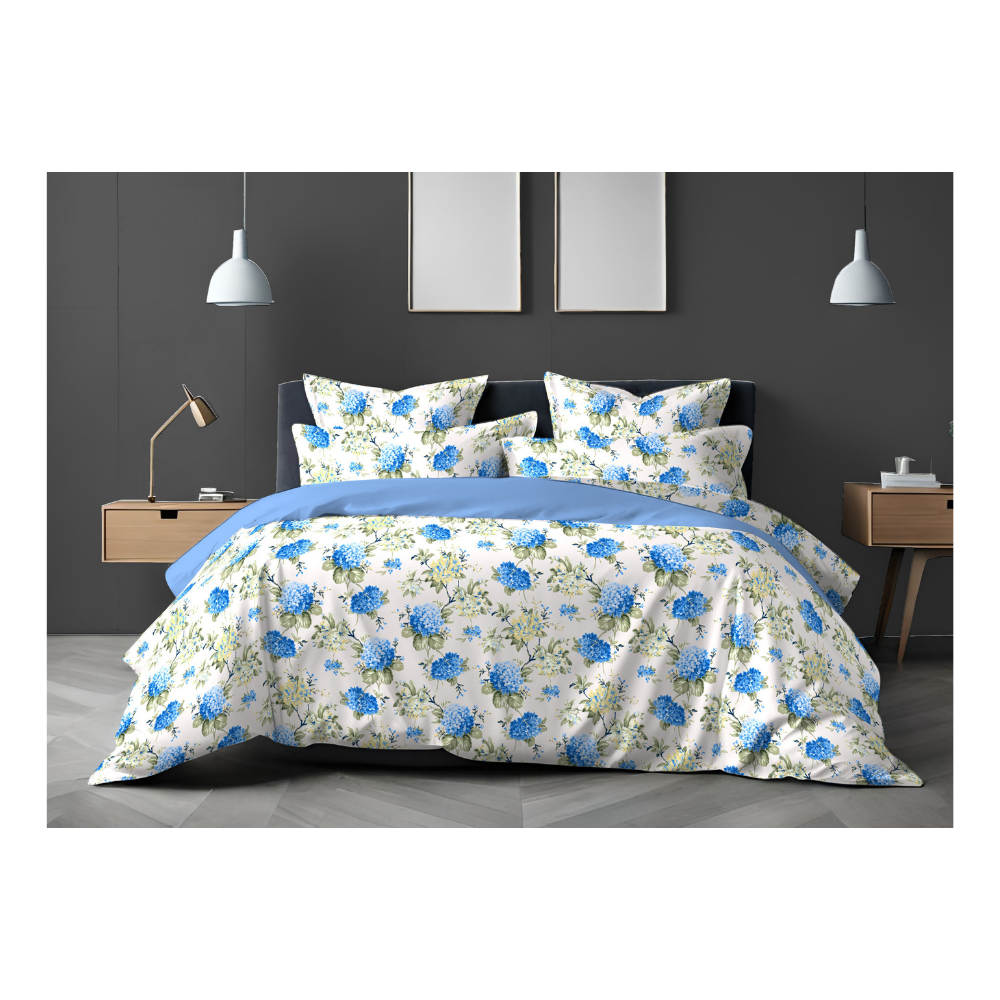 Double Cot Bedsheet with Two Pillow Covers | 100% Cotton | 180 TC | Blue Floral Design | Sweet Dreams 497