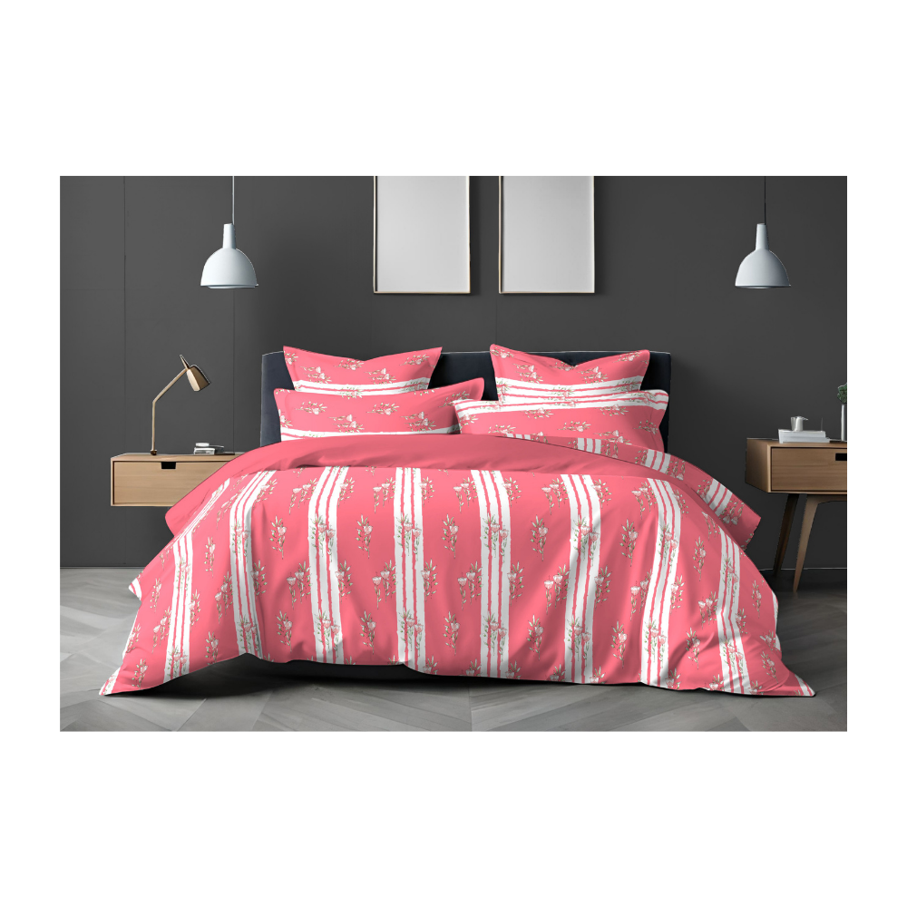 King Size Bedsheet with Two Pillow Covers | 100% Cotton | 180 TC | Peach Floral Stripe Design | Sweet Dreams 4138