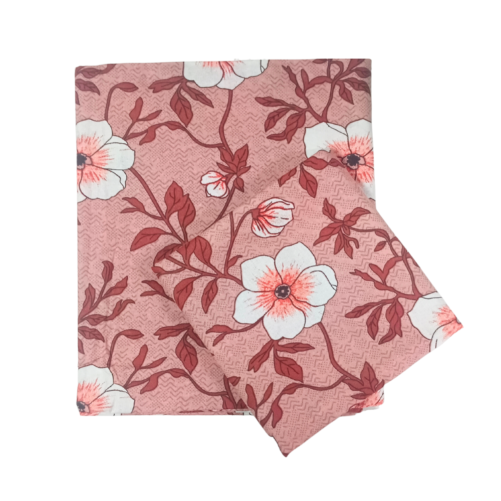 100% Cotton Single Bedsheet | Floral Design |Light Peach with Brown Leaf An d White Floral Print| Polo225 (One Pillow Cover)