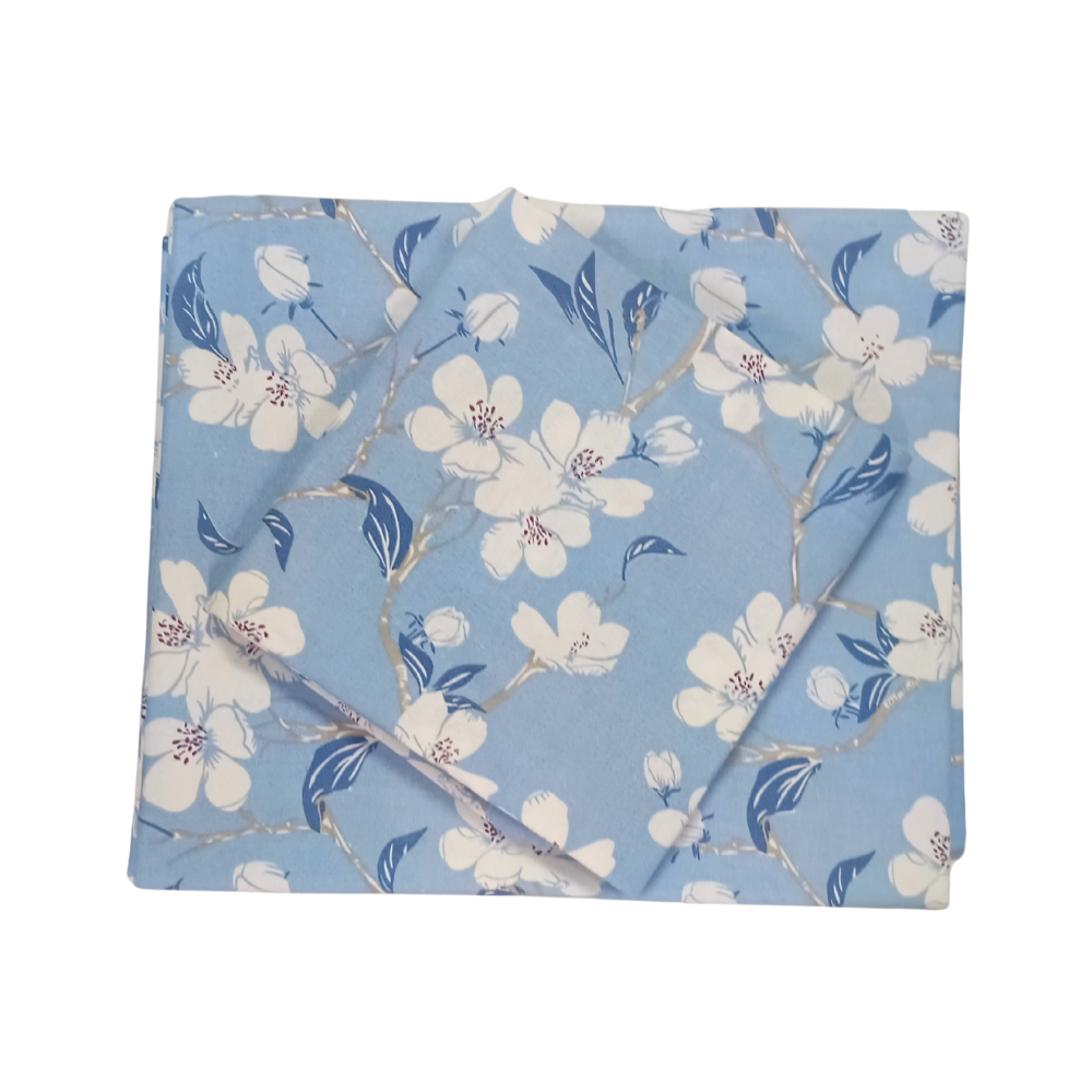 100% Cotton Single Bedsheet | Floral Design |Sky Blue with White Floral Print| Polo227 (One Pillow Cover)