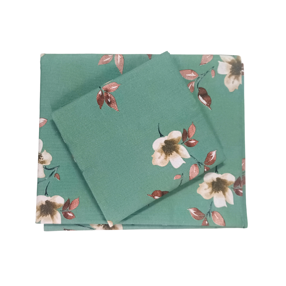 100% Cotton Single Bedsheet | Floral Design |Teal Green with Floral Print| Polo2279(One Pillow Cover)