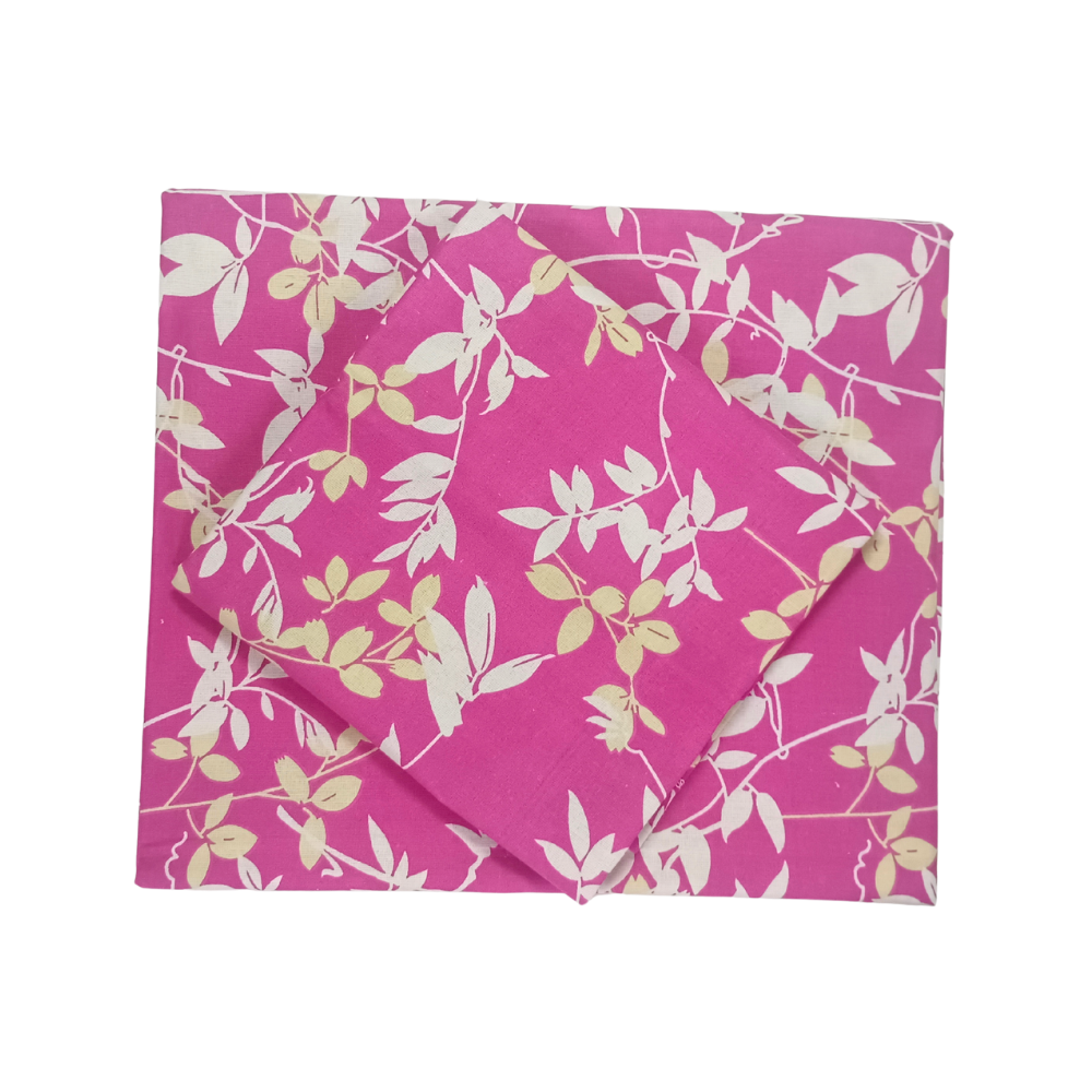 100% Cotton Single Bedsheet | Floral Design |Dark Pink with Leaf Print| Polo231(One Pillow Cover)