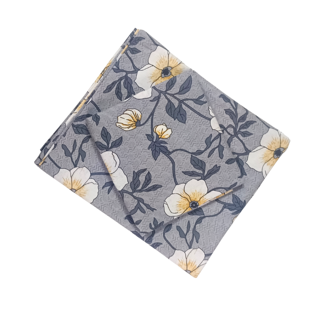 100% Cotton Single Bedsheet | Floral Design |Ash with White Floral Print| Polo236(One Pillow Cover)
