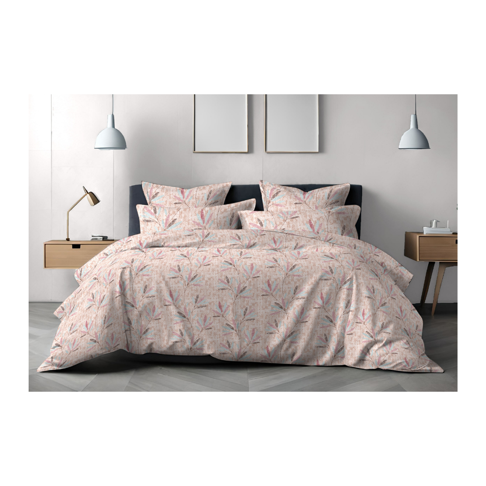 King Size Bedsheet with Two Pillow Covers | 100% Cotton | 180 TC | Light Brown small leaf Print Design (2809) Relax