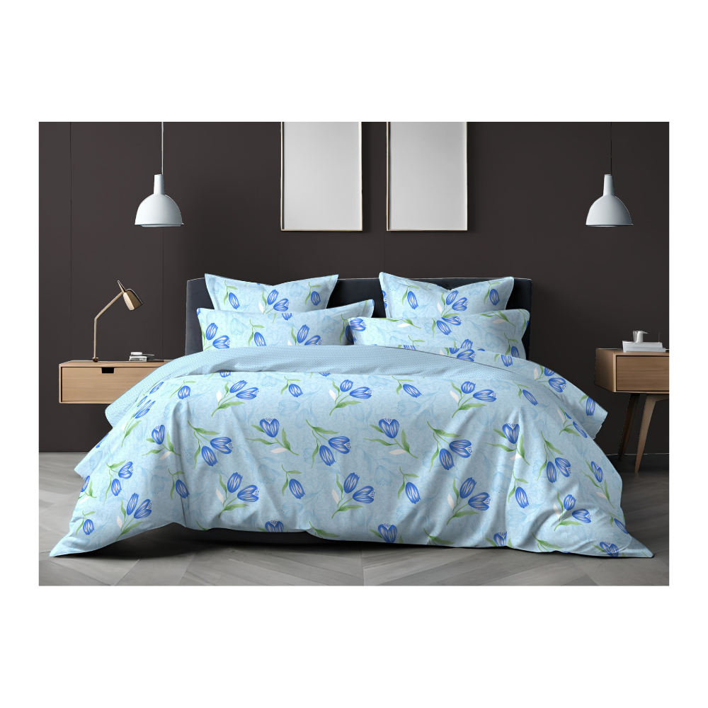 King Size Bedsheet with Two Pillow Covers | 100% Cotton | 180 TC | Blue colour tulip flowers Print Design (4140) Relax