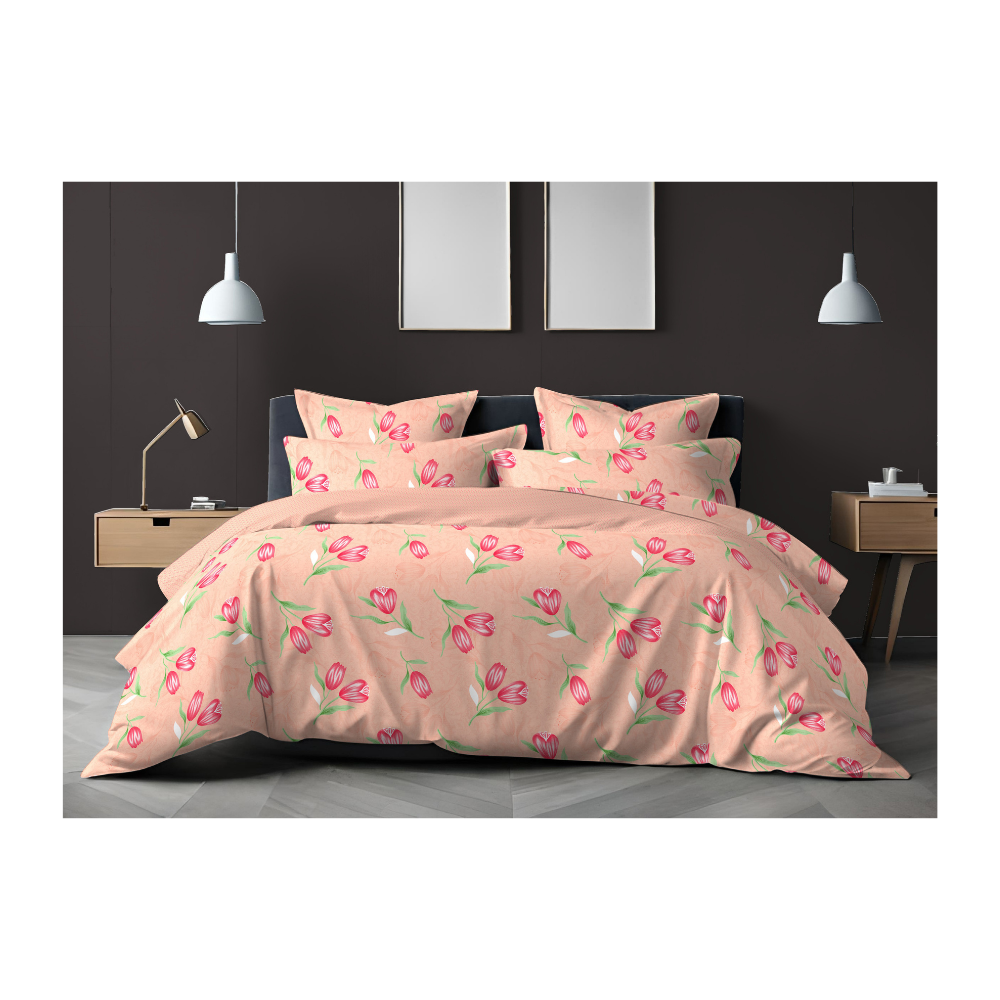 King Size Bedsheet with Two Pillow Covers | 100% Cotton | 180 TC | Peach colour tulip flowers Print Design (4140) Relax