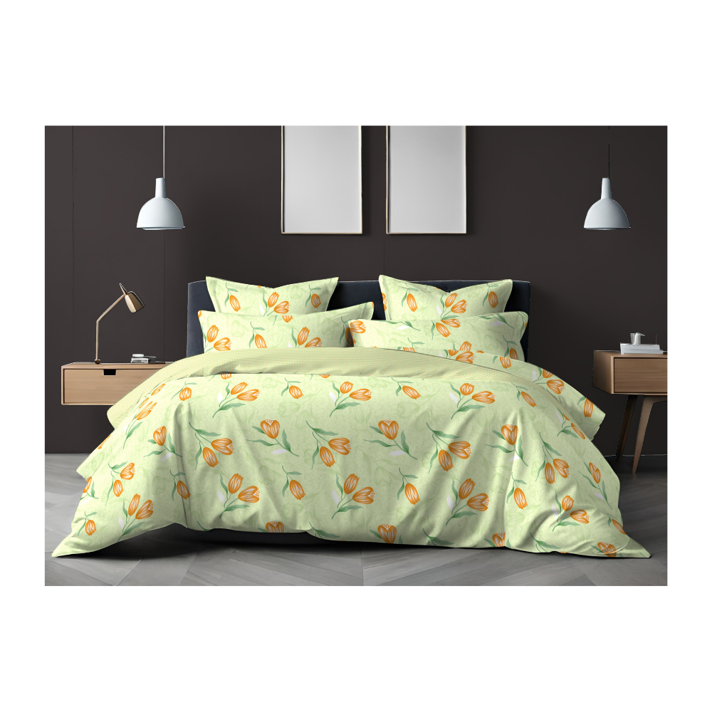 King Size Bedsheet with Two Pillow Covers | 100% Cotton | 180 TC | Green colour tulip flowers Print Design (4140) Relax