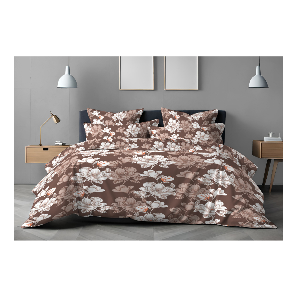 King Size Bedsheet with Two Pillow Covers | 100% Cotton | 160 TC | Dark Brown Floral Print Design (2814) Relax
