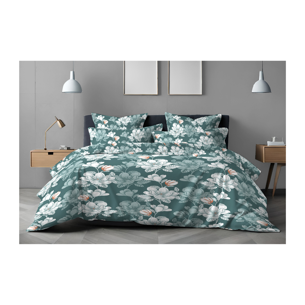King Size Bedsheet with Two Pillow Covers | 100% Cotton | 160 TC | Teal Green Floral Print Design (2814) | Relax