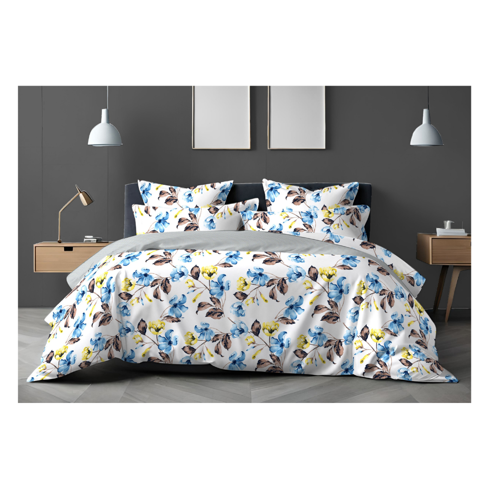 Super King Size Bedsheet with Two Pillow Covers | 100% Cotton | 320 TC | Dark Blue Floral Design | Light Blue Colour | Soft Dreams 110 | SF259
