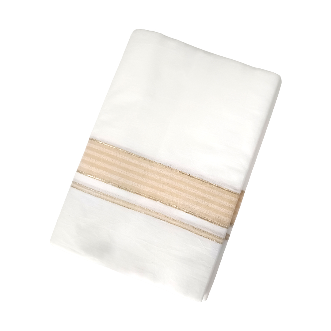 100% Cotton White Double Dhoti with Light Peach Colour Border | Samrat Plus Premium Traditional Men's Dhoti | SP040