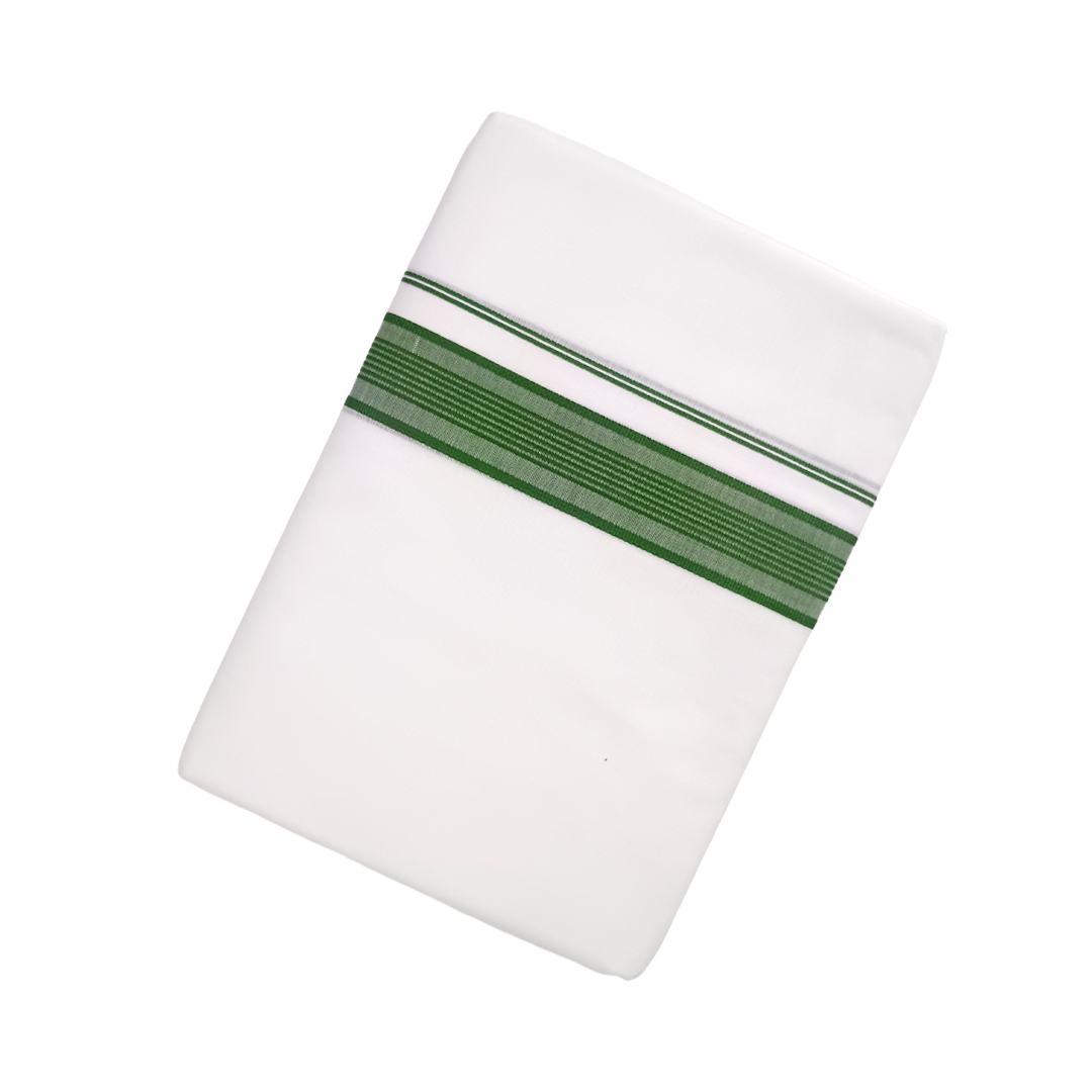 100% Cotton White Double Dhoti with Dark Green Colour Cotton Border | Samrat Plus Cotton Kara Traditional Men's Dhoti | CT03