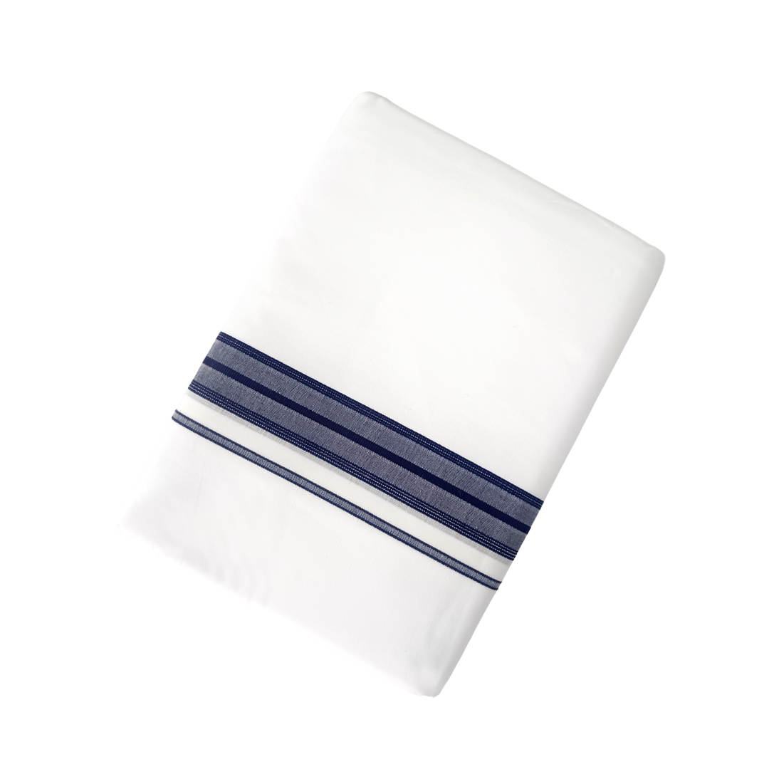 100% Cotton White Double Dhoti with Navy Blue Colour Cotton Border | Samrat Plus Cotton Kara Traditional Men's Dhoti | CT04