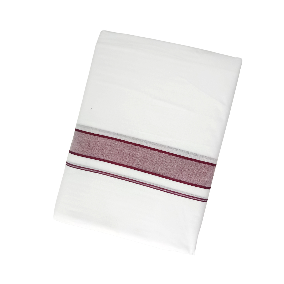100% Cotton Men's White Double Dhoti | Maroon Colour Border | Samrat Plus Cotton Kara | Traditional Wear