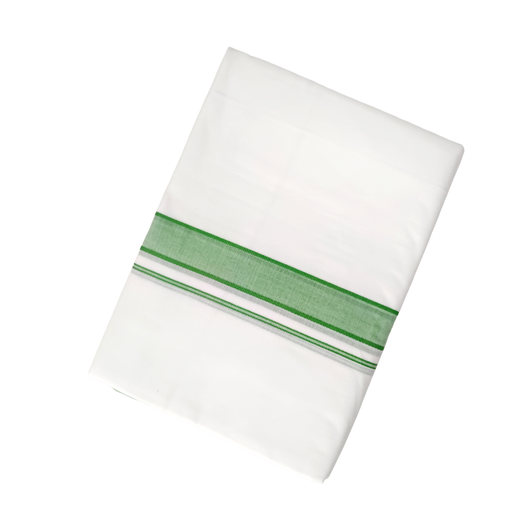 100% Cotton Men's White Double Dhoti | Light Green Colour Border | Samrat Plus Cotton Kara | Traditional Wear