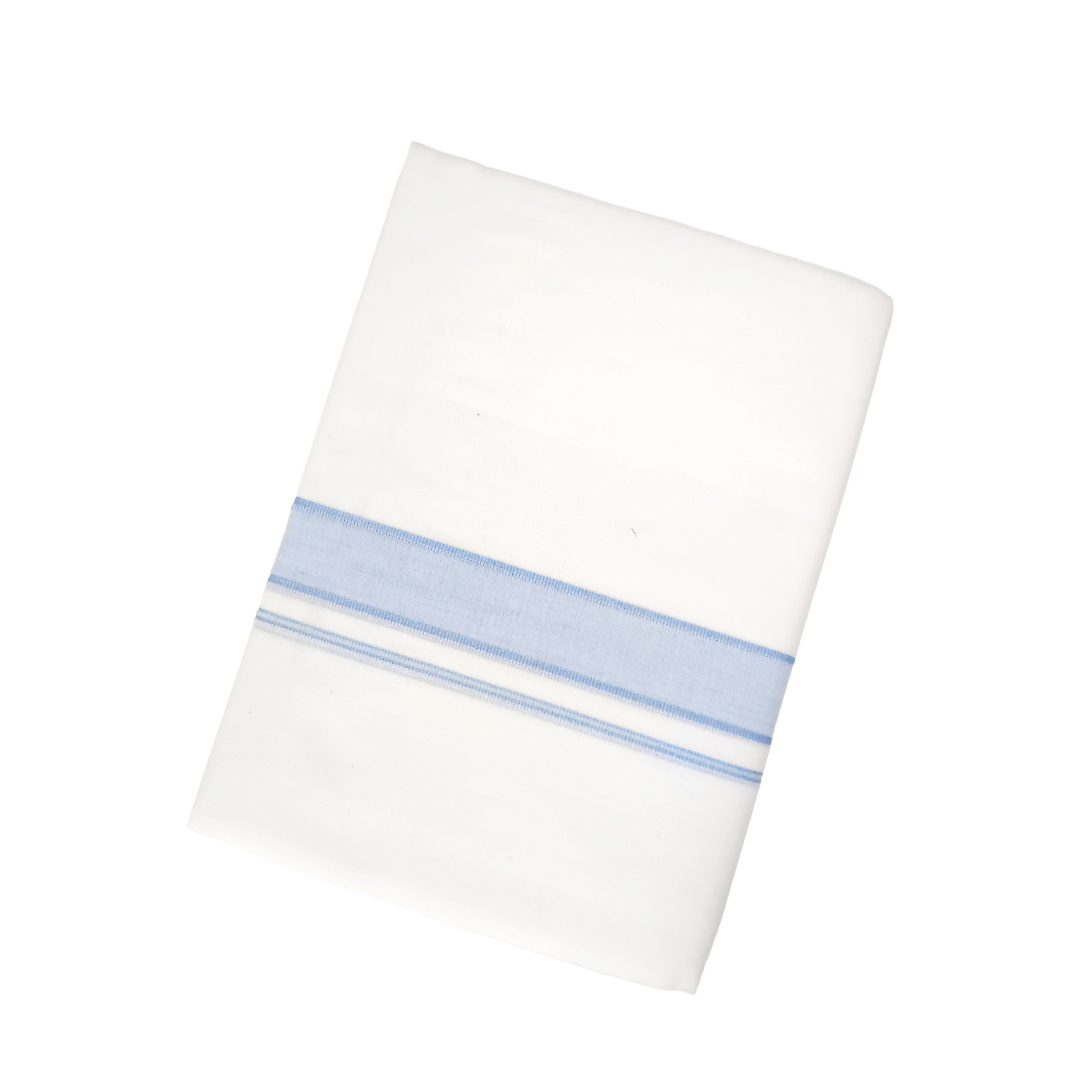 100% Cotton Men's White Double Dhoti | Light Blue Colour Border | Samrat Plus Cotton Kara | Traditional Wear