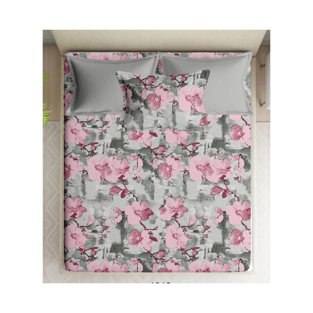 100% Cotton Single Bedsheet | Floral Design | Ash Colour Floral Print| Polo242(One Pillow Cover)