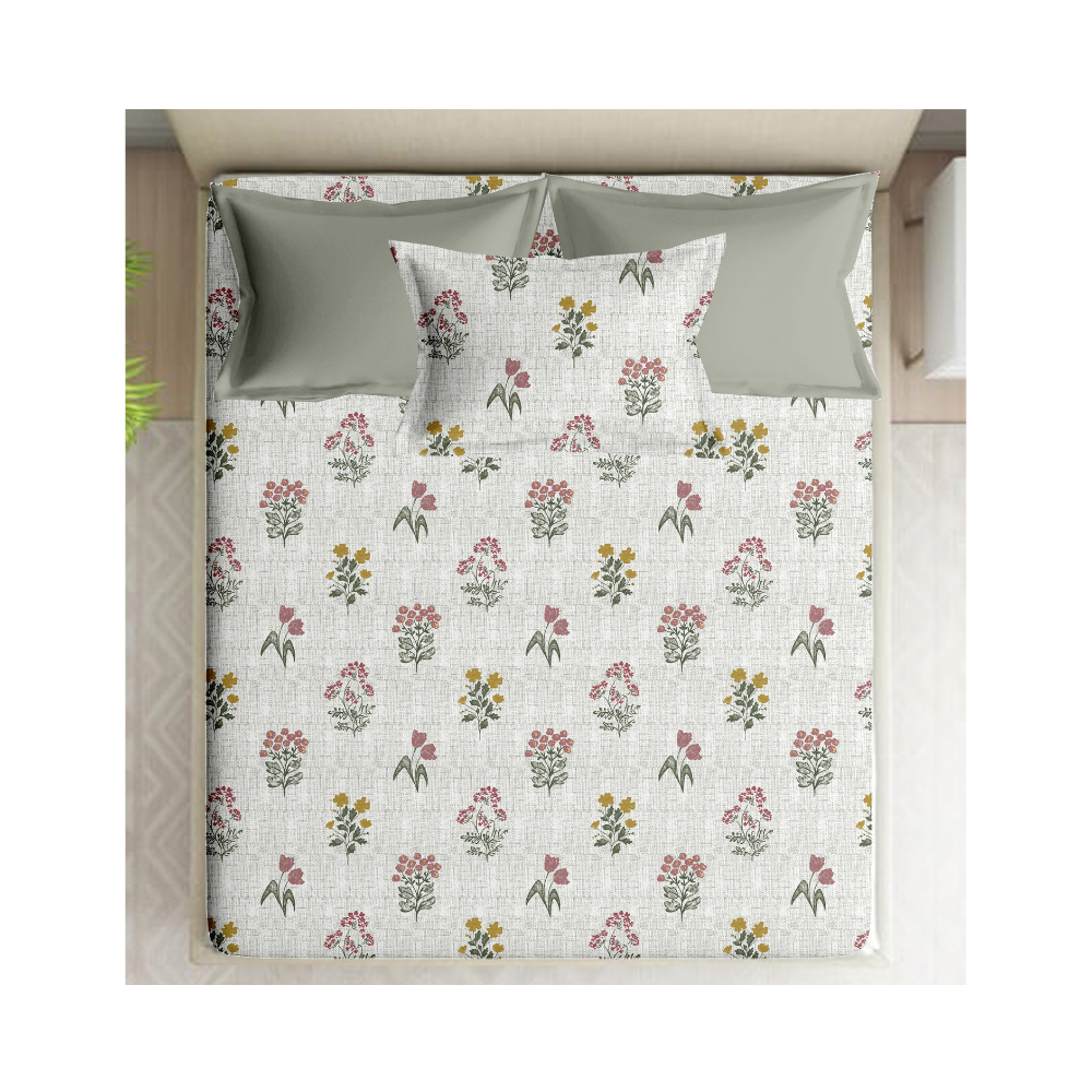 100% Cotton Single Bedsheet | Floral Design | Ash Colour Bue Floral Print| Polo243(One Pillow Cover)