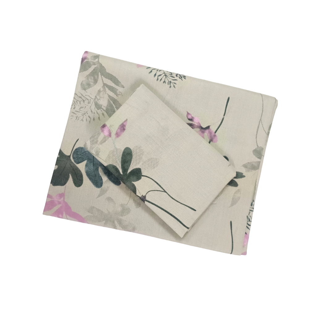 100% Cotton Single Bedsheet | Light Ash With Pink Leaf Design | POLO P447(One Pillow Cover)